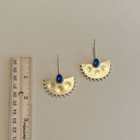 Anthropologie Semi-Circle Gold Earrings with Blue Accents - Picture 3 of 3